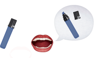 Billede af en tusch med låg på, samt åben mund med taleboble og billede af en tusch med låget ved siden af.